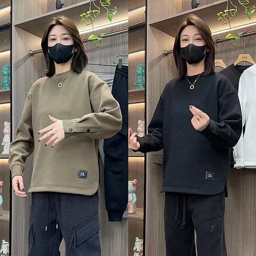 纽扣纯色圆领卫衣冬季加绒加厚