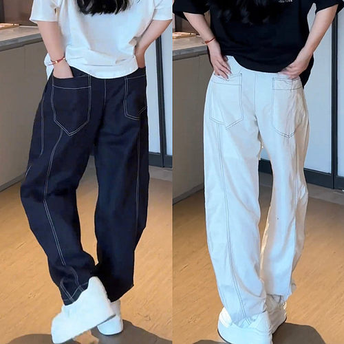 明线设计宽松阔腿直筒裤