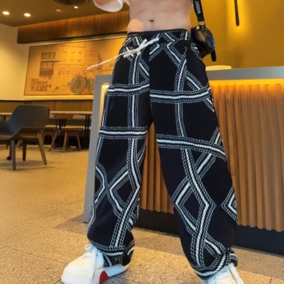 潮牌痞帅印花垂感阔腿冰丝休闲裤