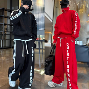 冬季加绒织带印花字母开衫外套弯刀裤两件套男士潮流痞帅休闲套装
