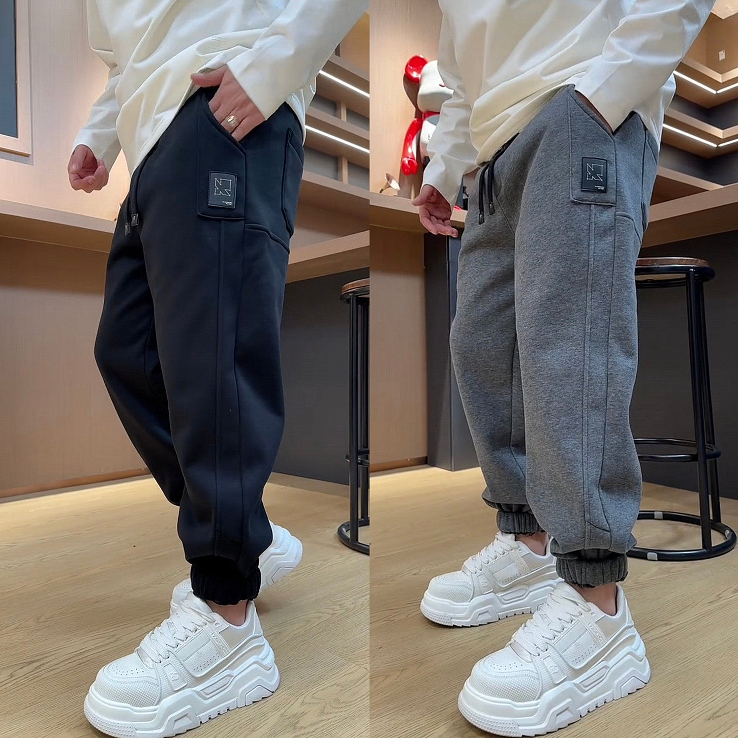 冬季加绒结构拼接纯色休闲卫裤