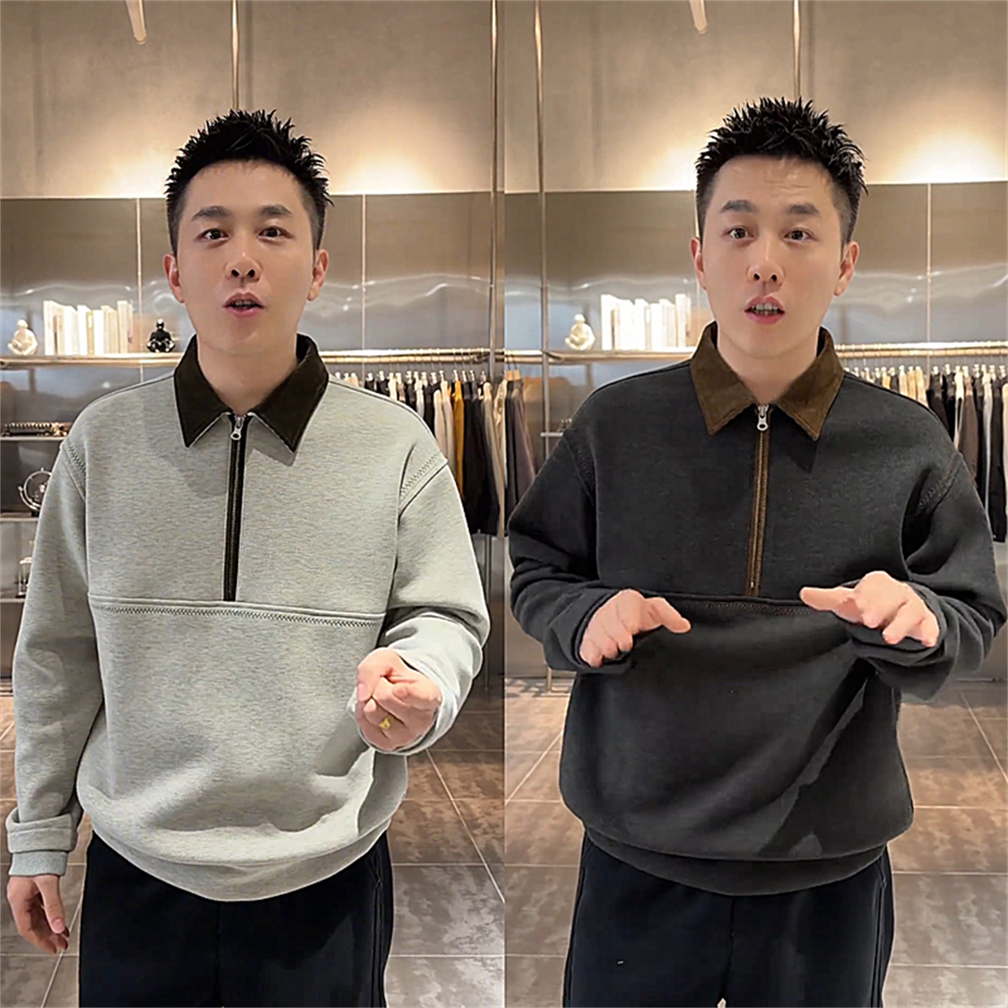 秋冬新款加厚莱赛尔半拉链拼色翻领卫衣男款拼接明线打底休闲上衣