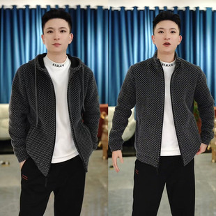 冬季加绒加厚雪尼尔千鸟格连帽外套男高级感轻奢简约百搭休闲夹克