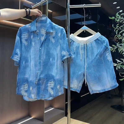 夏季新款仿真牛仔轻纱衬衫套装男