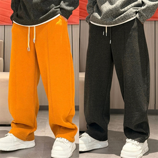 新款 百搭垂感阔腿弯刀直筒裤 加绒加厚纯色休闲裤 高级时尚 男士 冬季