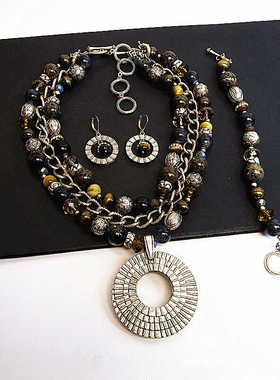 690欧美pd夸张复古仿石头复古银孤品可拆卸吊坠手链耳环手链项链