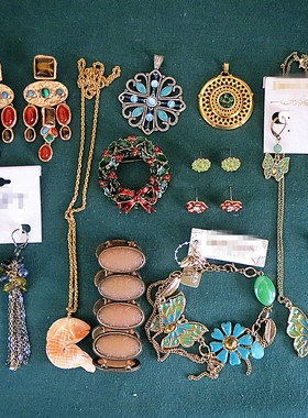 8.6欧美经典vintage孤品老货镀真金滴油石头蝴蝶项链耳环手链吊坠