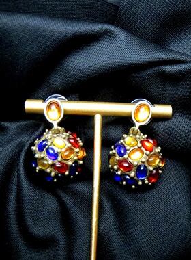 欧美中古重工彩色水晶花球耳钉