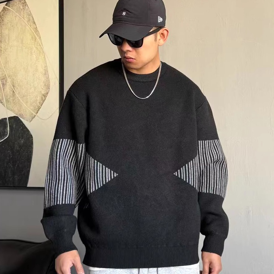 美式潮牌撞色毛衣男女情侣针织衫