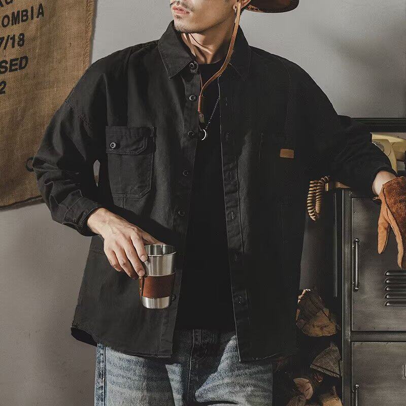 美式复古工装衬衫男秋季宽松大码硬汉猎装夹克外套男春秋潮牌衬衣