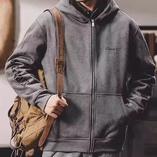 美式重磅拉链开衫卫衣男士春秋男款连帽外套宽松大码麂皮绒夹克男