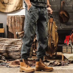 美式复古春秋新款牛仔裤男士宽松百搭裤子大码松紧腰弹力男束脚裤
