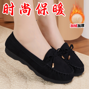 豆豆保暖妈妈棉鞋 老北京布鞋 黑色瓢鞋 女加绒秋冬季 防滑软底工作鞋