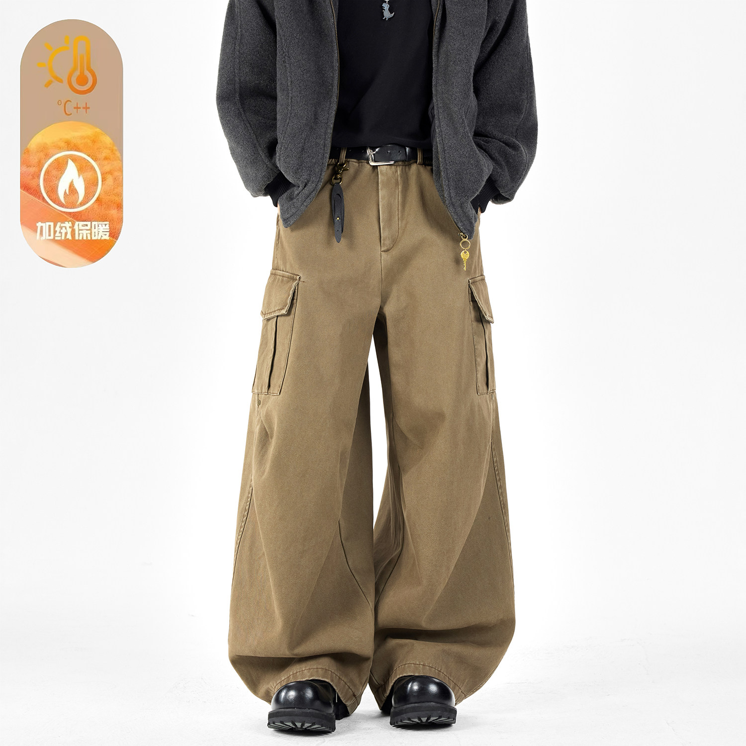 A412-DM534-特P60-限价98-加绒卡其色廓形大口袋工装裤成份100棉,男装工装外套,电商A412