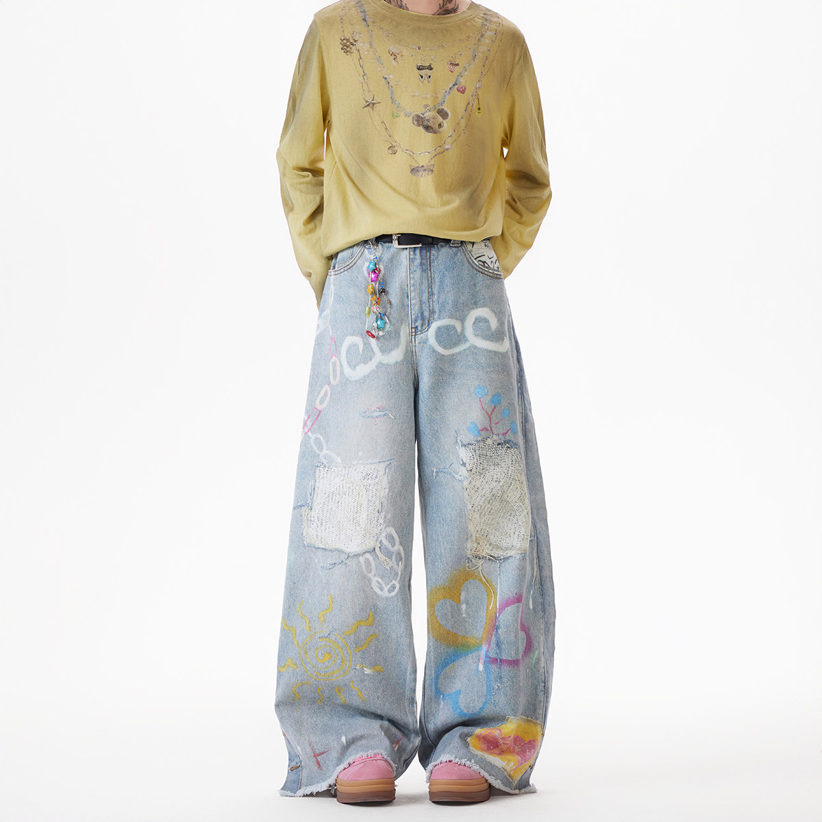 现货A412-DM407-P68-限价98-3D印花破洞爱心牛仔65棉20.5聚酯14.5,男装牛仔裤,电商A412