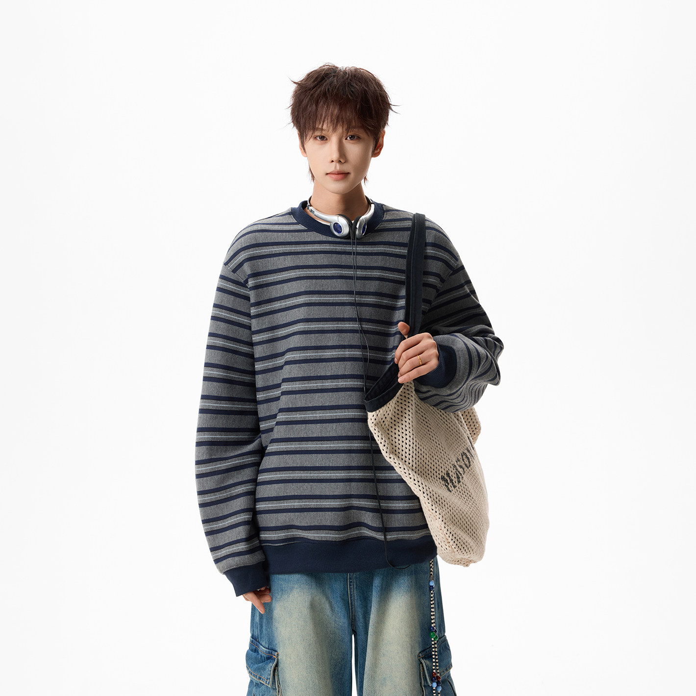 原创现货A412-FM802特P55-420g超高质量加绒加厚蓝灰条纹圆领卫衣，男装卫衣，电商A412