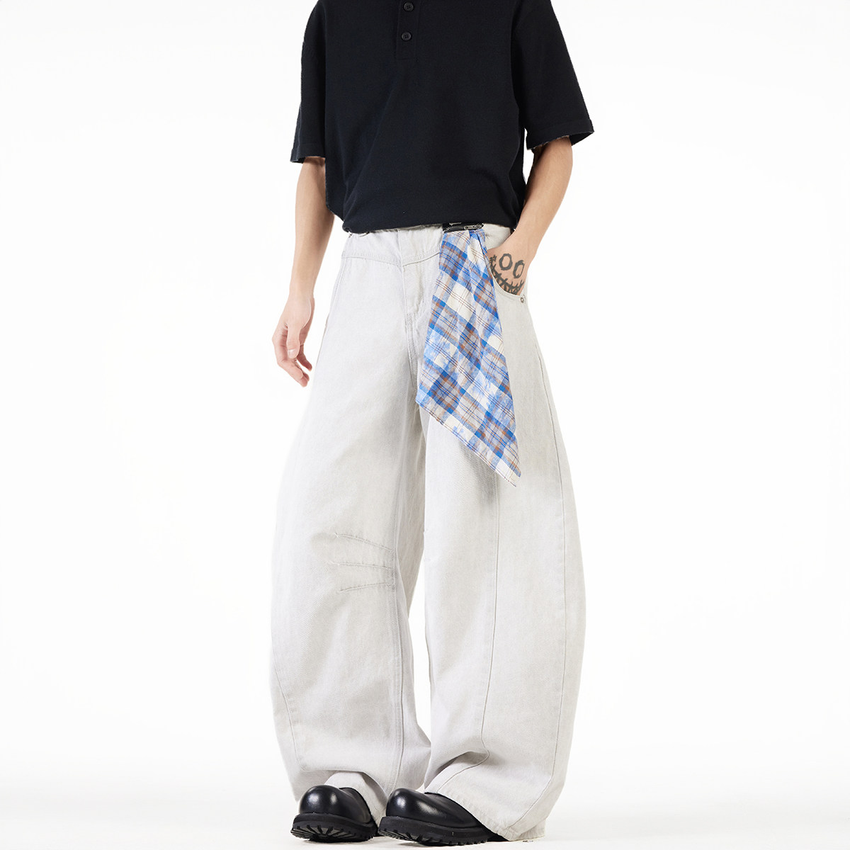 现货A412-DM397-P55-限88-弯刀廓形可拆卸方巾牛仔裤,男装牛仔裤,电商A412