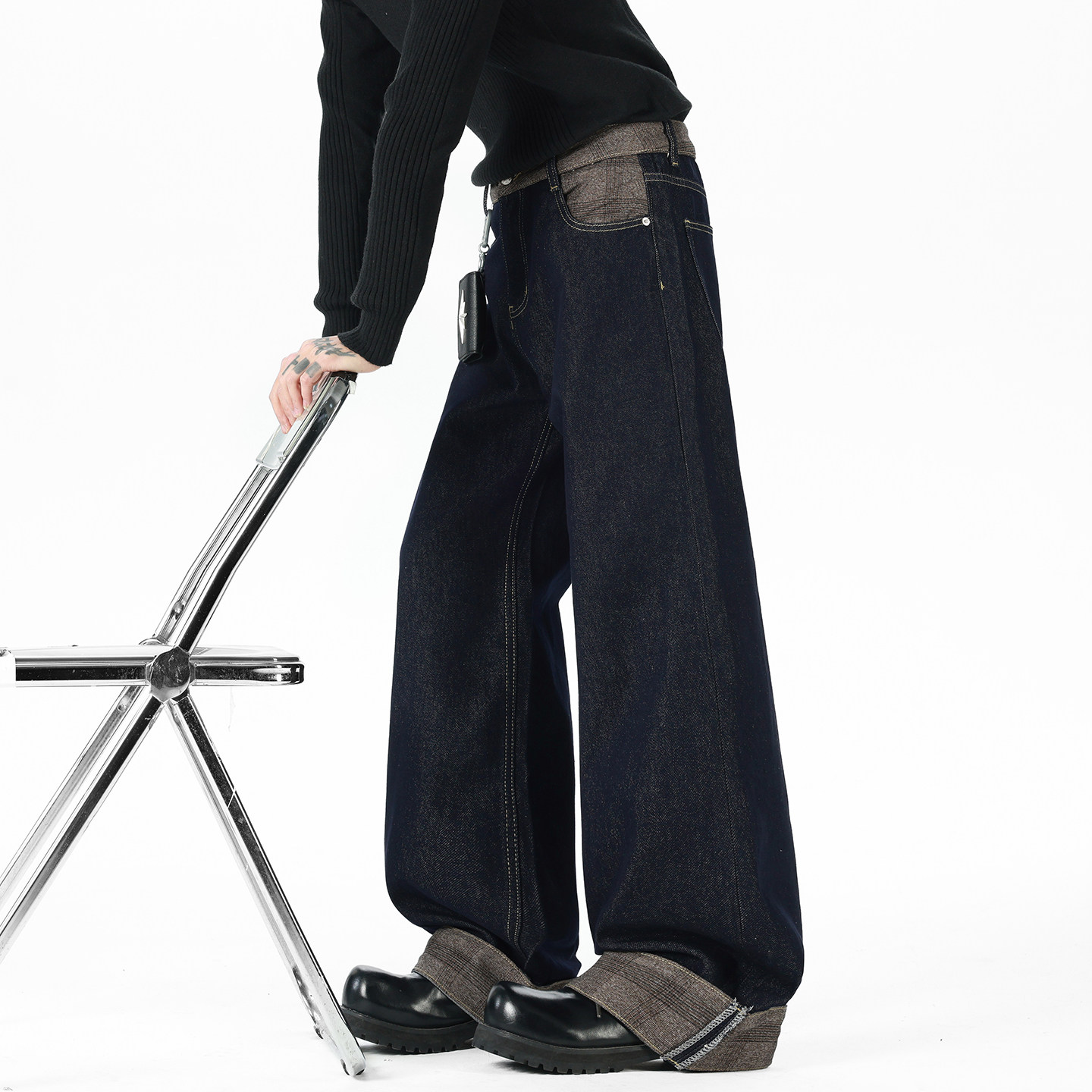 A412-DM561-特P55-限价98-复古格纹拼接卷边牛仔裤，男装牛仔裤，电商A412