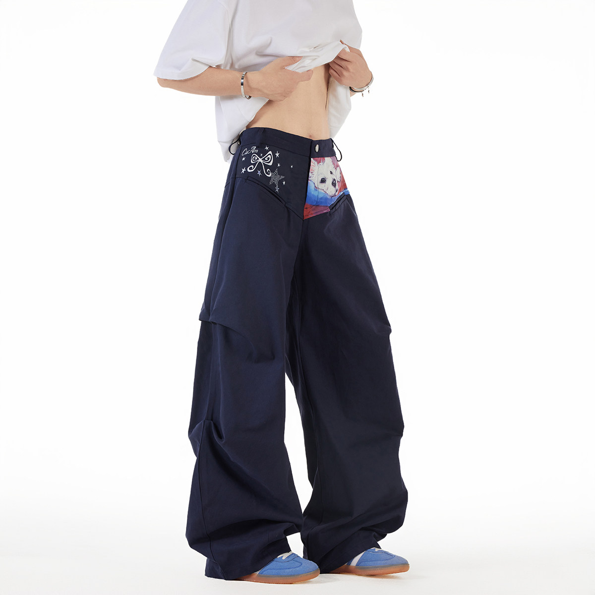 A412-DM377-P65-限89-可爱猫咪和小狗印花褶皱休闲裤成份100棉,男装休闲裤,电商A412