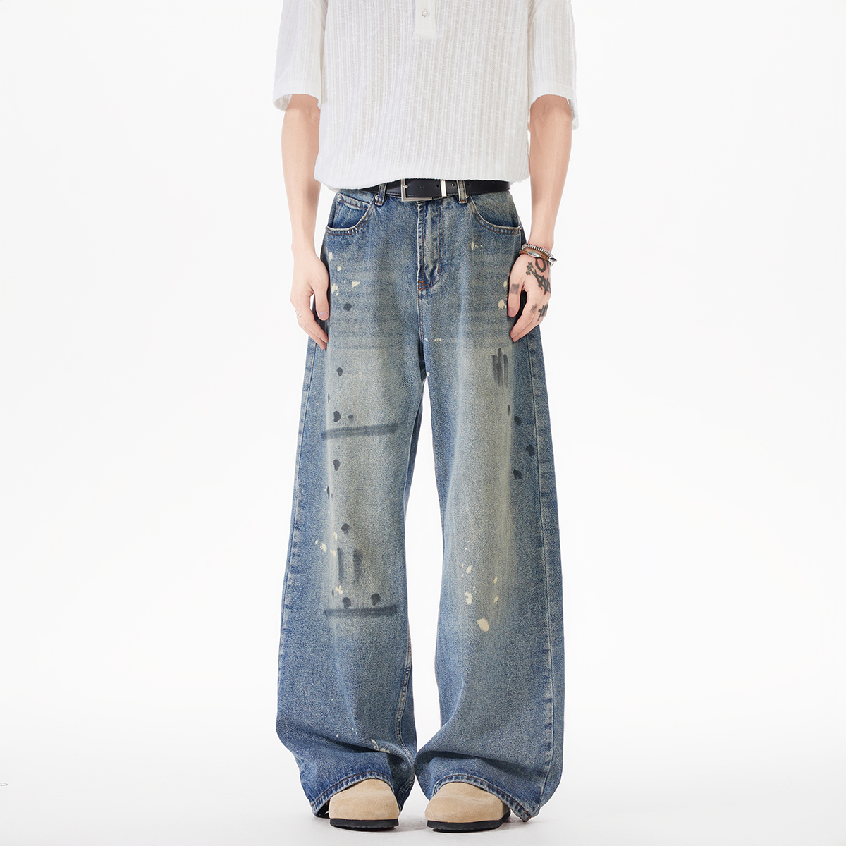 现货A412-DM383-特P45-限价78-泼墨直筒牛仔裤成份65棉20.5聚酯，男装牛仔裤，电商A412