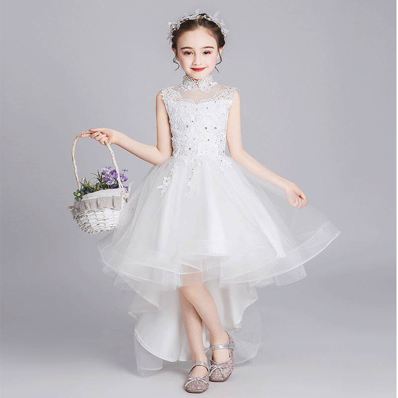 白色拖尾小主持人礼服女夏季女童气质儿童公主裙表钢琴演服白纱裙