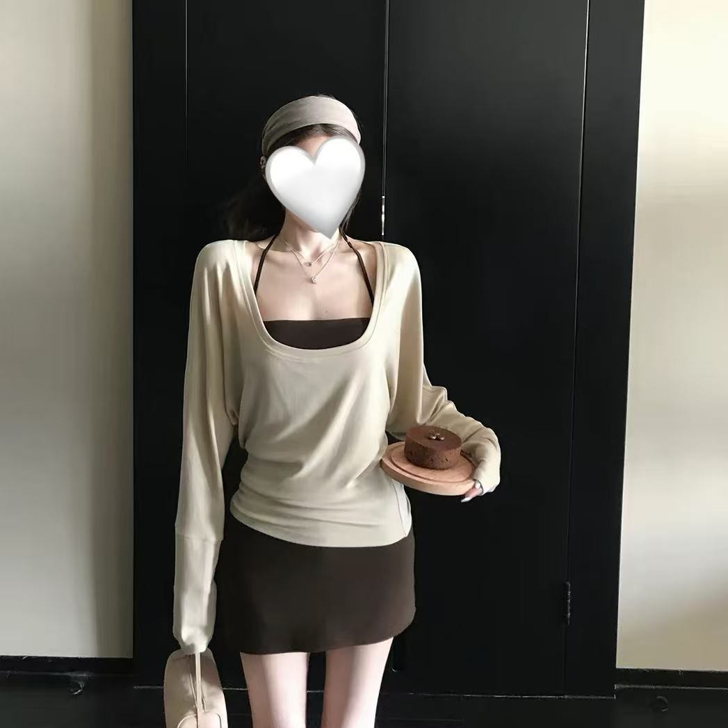 大码胖mm新款慵懒韩系纯欲风挂脖长袖吊带罩衫高腰短裤裙套装女