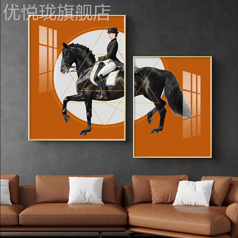 网红客厅发沙背景墙艺的装饰画术马挂书房卧室画创马意黑白骑马壁图片