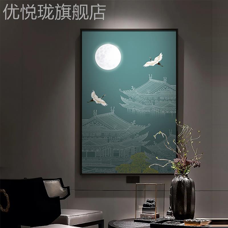 网红画仙鹤玄关画挂对门新中式古风建筑装饰画茶室书房抽正象山水图片