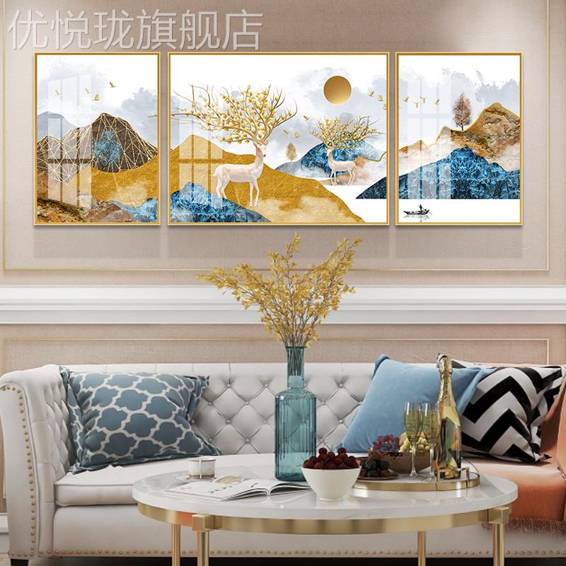 网红晶财瓷现代画简客厅装饰背画沙发景墙画约轻奢大气三联画发鹿图片
