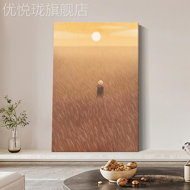 网红日出芦苇景纯手绘油画侘象寂风玄关装饰画客厅抽风肌理画人物图片