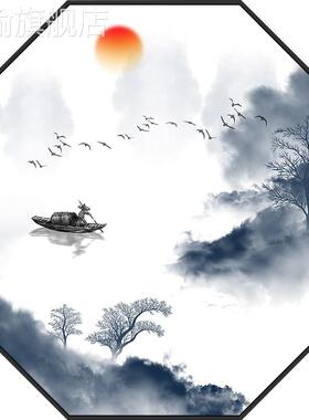 网红禅意装饰水画入玄户关墙八边形墨山水壁画中国风厅茶室背客景