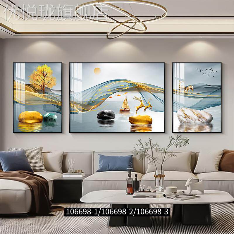 网红福银禄川现代简约客厅装饰画沙景发背墙画抽象三联山水画墙画