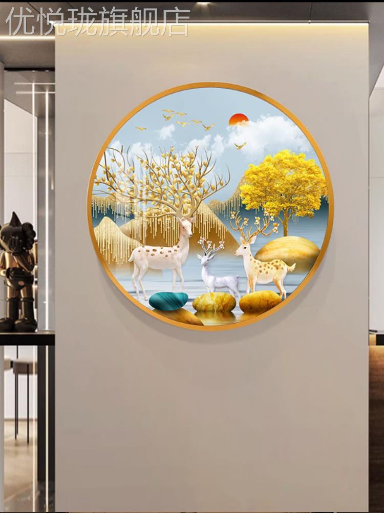 网红北欧轻奢客意厅圆形装饰画抽象麋鹿挂画玄关走框廊过道圆画创图片