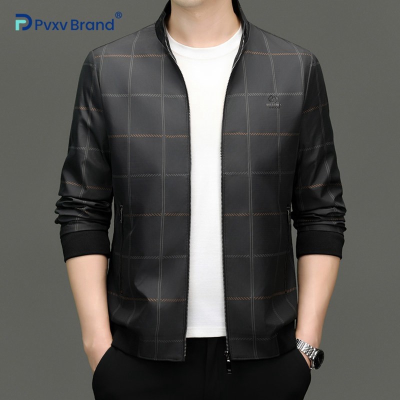 春秋季商务休闲外套男士立领格子夹克中青年男装宽松大码茄克衫