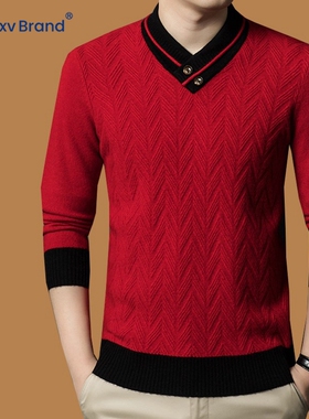 鄂尔多斯市产2026本命年加厚羊毛衫男100纯羊毛V领针织打底衫男