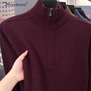 新款半高领拉链100纯羊毛衫男士毛衣加厚冬季保暖中年红色爸爸装