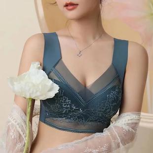 蕾丝冰丝内衣女大胸显小无痕无钢圈聚拢防下垂运动背心文胸罩 大码