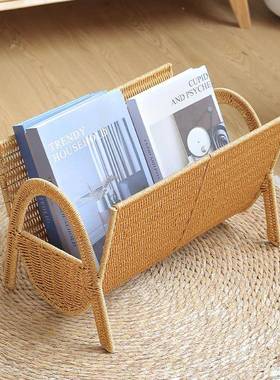 手工编织杂志架样板间书报客厅落地小书架仿藤轻奢书本收纳架