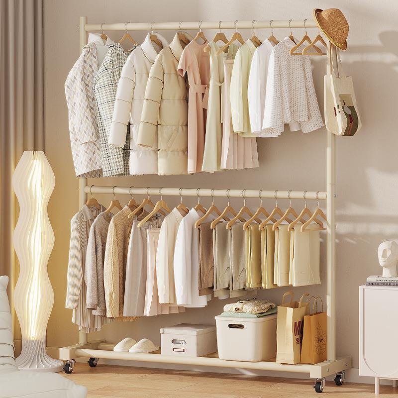 奶油风双层卧室晾衣架落地家用网红简易衣帽架收纳置物挂衣服架子