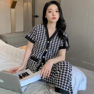 长裤 甜美夏季 春夏睡衣女短袖 V华尔棉薄款 女士大码 宽松家居服套装