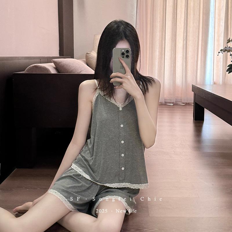 休闲睡衣女夏季韩版可外穿蕾丝花边吊带上衣宽松短裤子家居服套装