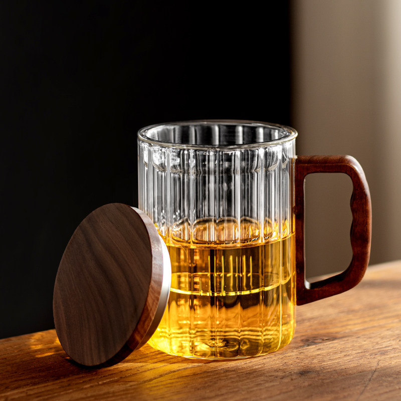 日式竖纹玻璃茶杯家用办公室高硼硅茶水分离办公杯带盖水杯