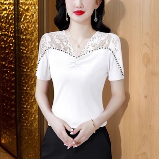 上衣春秋薄款 蕾丝打底衫 背心高级感半袖 t恤内搭西装 莫代尔 女短袖