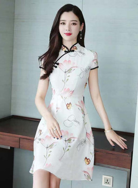 夏季新款复古改良旗袍印花气质连衣裙女中国风修身显瘦仙女裙帽子