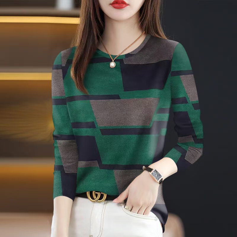 深圳南油轻奢高端货~长袖条纹打底衫女宽松大码中年妈妈上衣指环