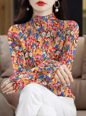 半高领气质百搭秋装女领长袖打底衫新款内搭外穿印花遮肚T恤指环