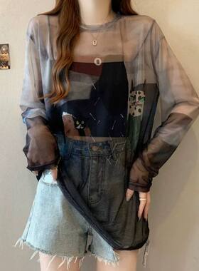 欧货微透网纱长袖t恤女2026夏季大码胖mm宽松薄款防晒罩衫上衣潮