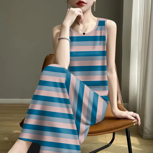 广州十三行高端爆款~2025夏印花减龄遮肚妈妈装背心中长款连衣裙