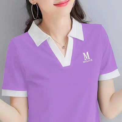 纯色POLO短袖t恤女夏装新款翻领大码小衫中老年妈妈宽松显瘦上衣