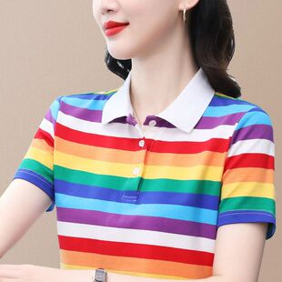 条纹短袖t恤女款纯棉翻领夏季新款百搭修身显瘦上衣带领polo衫